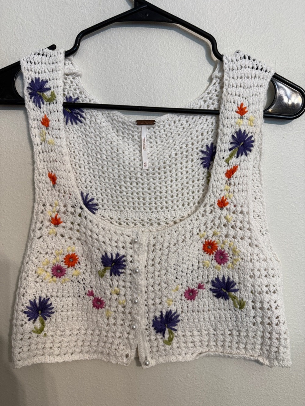 Free People White Crocheted Floral Embroidered Crop Tank with Pearl Buttons